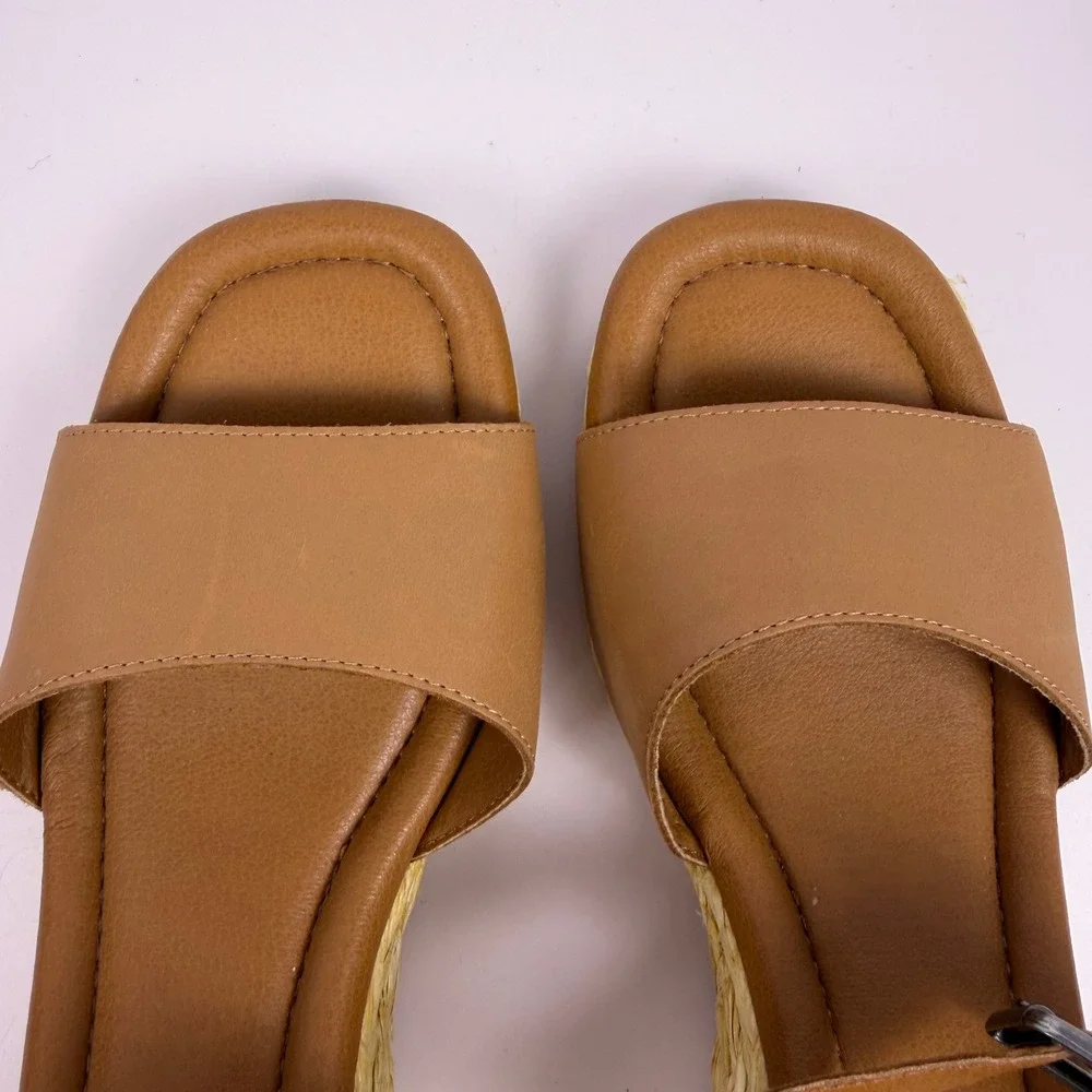 Lucky Brand Boho Minimalist Womens Espadrille Wedge Sandals Tan Leather
